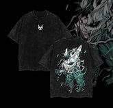 Black t-shirt with a dragon design on a dark background