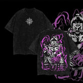 Black t-shirt with a warrior graphic design on a black background