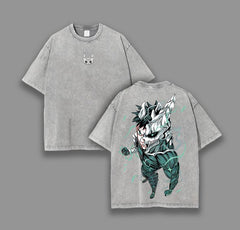 Gray t-shirt with a graphic design on the front and back on a gray background