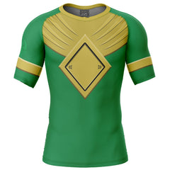 Green Ranger Gold Shield Mighty Morphin Power Rangers Short Sleeve Rash Guard Compression Shirt