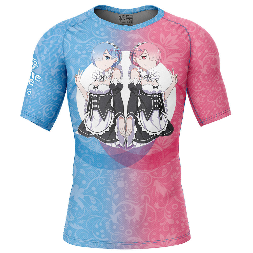 Rem and Ram Re Zero Kara Hajimeru Isekai Seikatsu Short Sleeve Rash Guard Compression Shirt