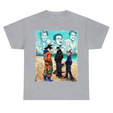 a t - shirt with a painting of three people on the beach