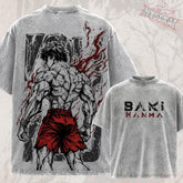 Kitsukai Baki Hanma Shirt, Muscular Fighter Manga Graphic Tee, Washed Gray Martial Arts T-Shirt, Grunge Anime Streetwear Fan Gift