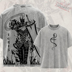 Kitsukai Igris Shadow Knight Washed Tee - Dark Fantasy Graphic Shirt, Gothic Warrior Oversized T-Shirt, Anime Fan Gift