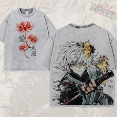 Kitsukai Gabimaru Fire Ninja Shirt, Hollow Shinobi Graphic Tee, Washed Gray Samurai T-Shirt, Japanese Grunge Streetwear Fan Gift
