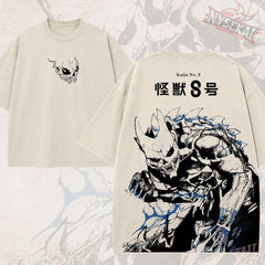Kitsukai Kafka Hibino Monster Shirt, No. 8 Kaiju Graphic Tee, Vintage Cream Oversized T-Shirt, Japanese Sci Fi Streetwear Fan Gift