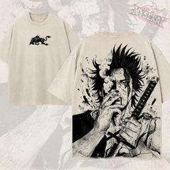 Kitsukai Mugen Samurai Shirt, Smoking Ronin Graphic Tee, Vintage Cream Washed T-Shirt, Japanese Ink Streetwear, Swordsman Fan Gift