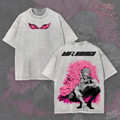 Kitsukai Donquixote Doflamingo Heavenly Demon Pink Feather Coat Vintage Wash Heavyweight Graphic Tee Pump Cover