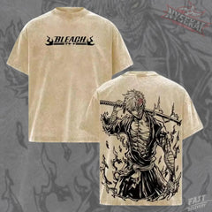 Kitsukai Ichigo Soul Reaper Anime T-Shirt, Hollow Mask Washed Gray Manga Streetwear Tee