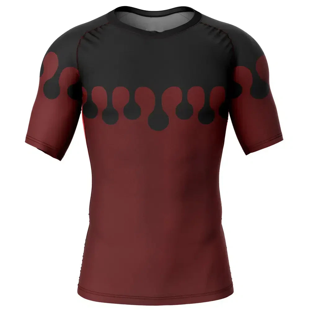 exclusive Doma Demon Slayer short sleeve compression rash guard featuring a red and black dripping pattern.