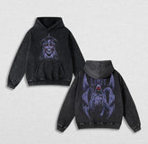 black vintage washed cotton hoodie of the creepy smiling God Statue from Solo Leveling