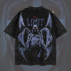 Back view of Otakuri Solo Leveling t-shirt featuring a winged sentinel graphic and 'NO LIMIT' text in a dark gothic font on washed black cotton