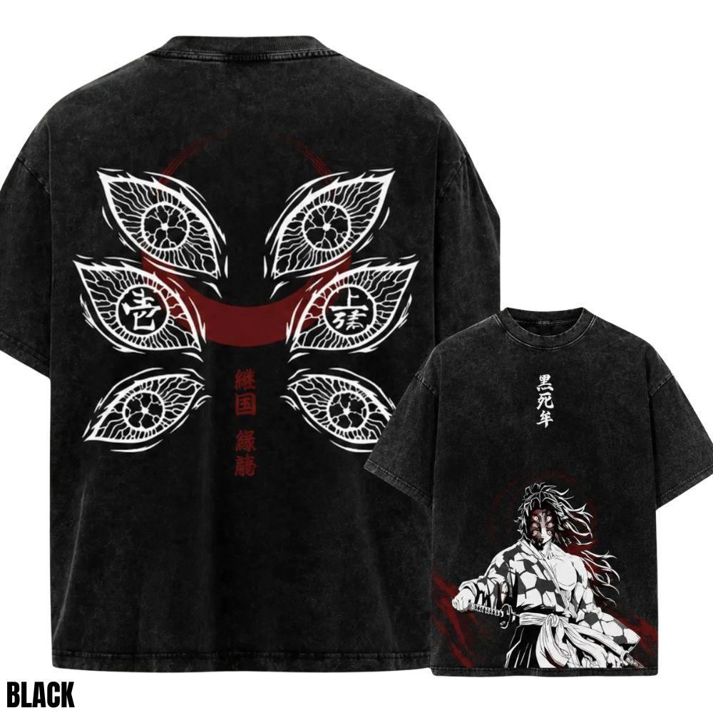 Kitsukai Kokushibo Six Eyes Shirt, Upper Moon Samurai Graphic Tee, Washed Black Dark Fantasy T-Shirt, Gothic Streetwear Fan Gift