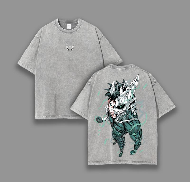 Gray t-shirt with a graphic design on the front and back on a gray background