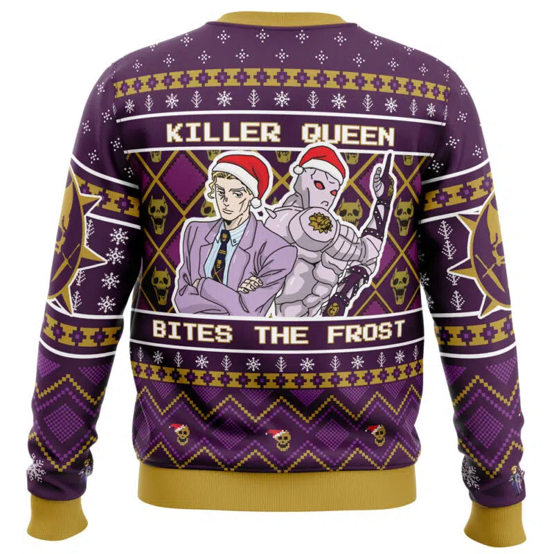 Purple sweater with graphic design of a woman and robot, text 'Killer Queen Bites The Frost', on a white background.
