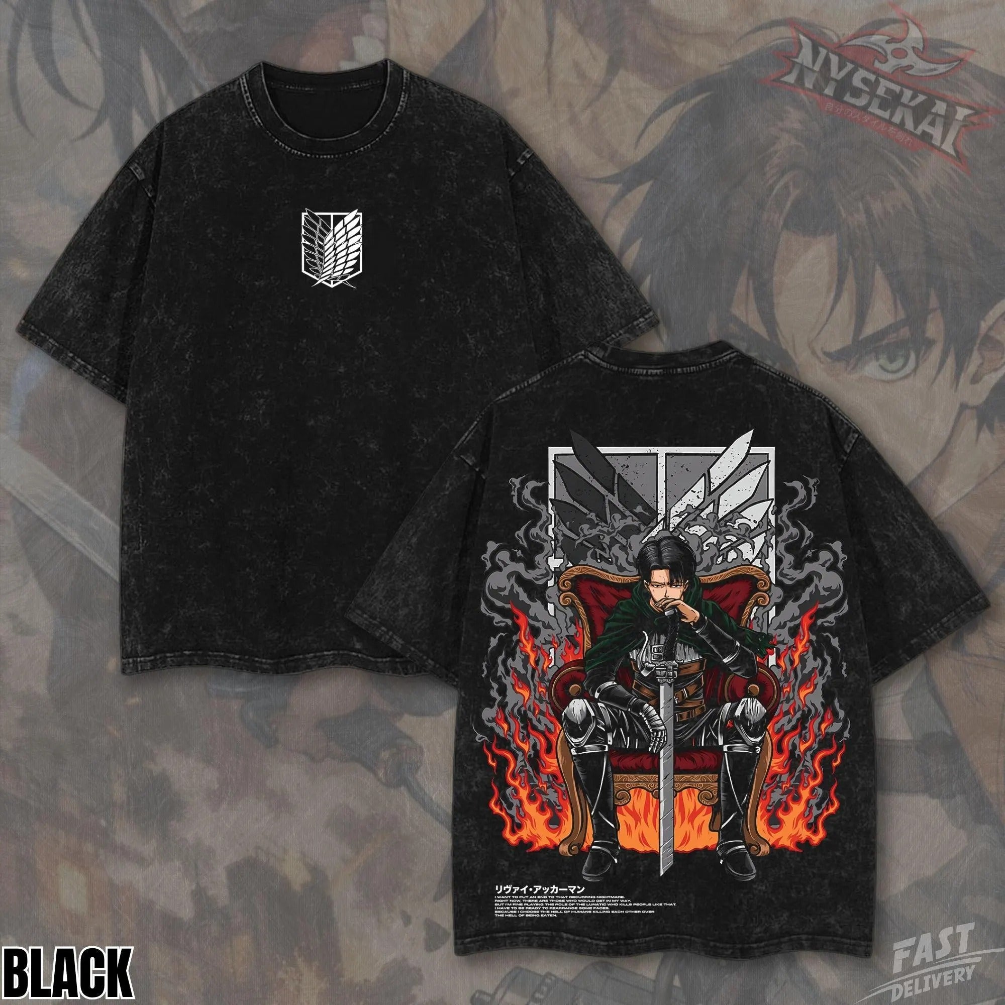 Kitsukai Levi Ackerman Wings of Freedom Throne Pump Cover Oversized Vintage Wash Heavyweight Graphic Tee