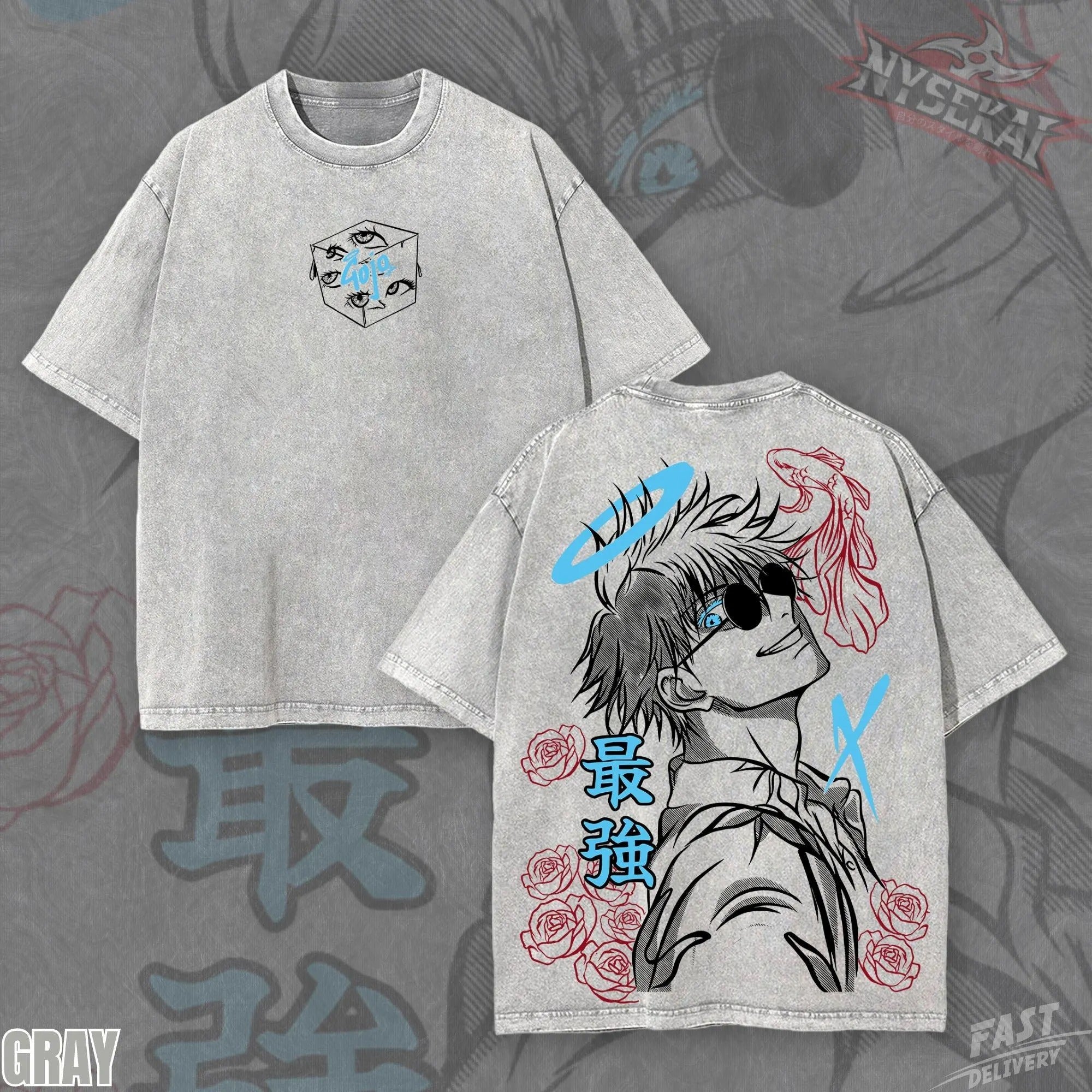 Kitsukai Limitless Sorcerer Anime Shirt, Blue Eye Manga Graphic Tee, Washed Gray Streetwear T-Shirt, Strongest Anime Fan Gift