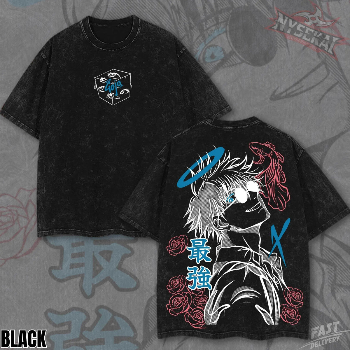 Kitsukai Limitless Sorcerer Anime Shirt, Blue Eye Manga Graphic Tee, Washed Gray Streetwear T-Shirt, Strongest Anime Fan Gift