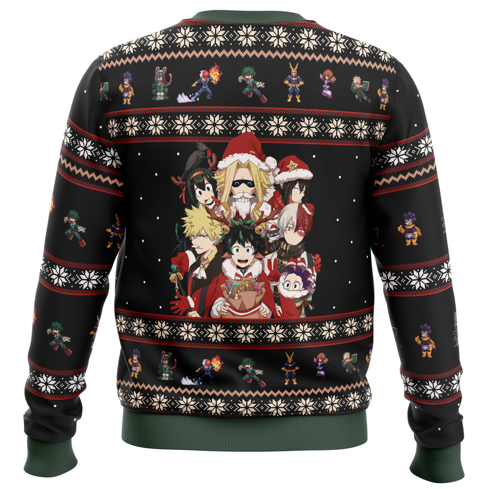 Black sweater with colorful character design and snowflake patterns on a white background