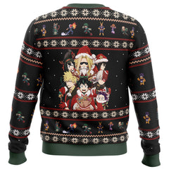 Black sweater with colorful character design and snowflake patterns on a white background