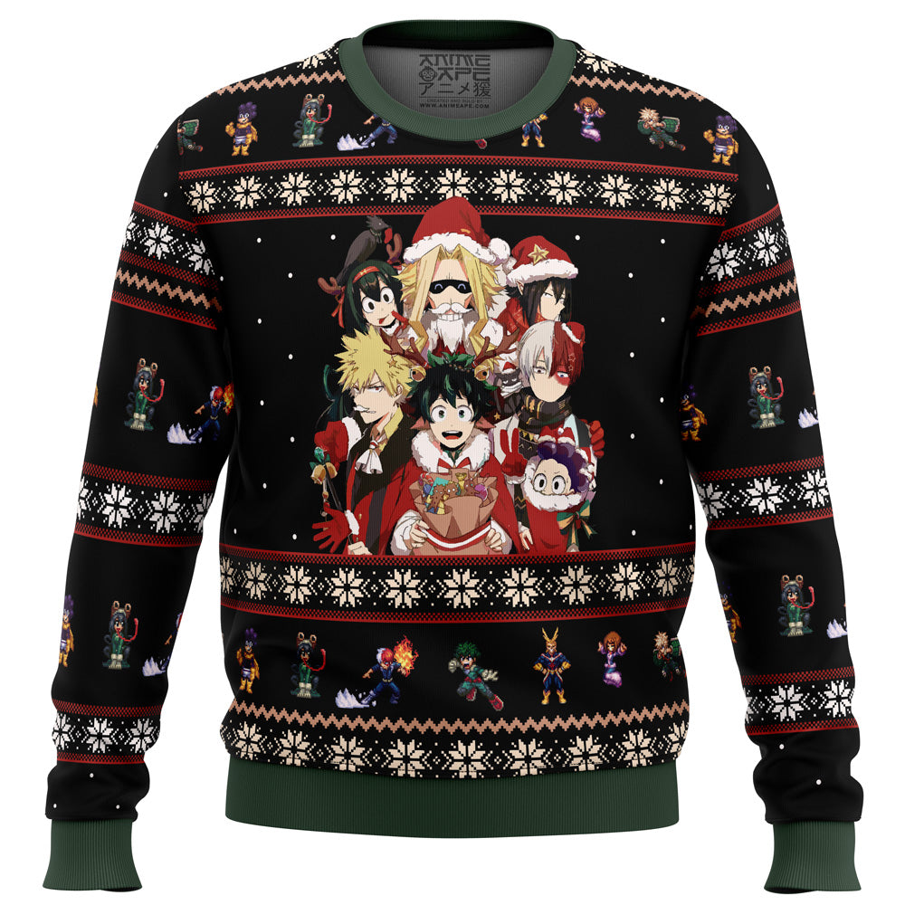 Christmas-themed sweater with animated character design on a white background