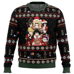 Christmas-themed sweater with animated character design on a white background