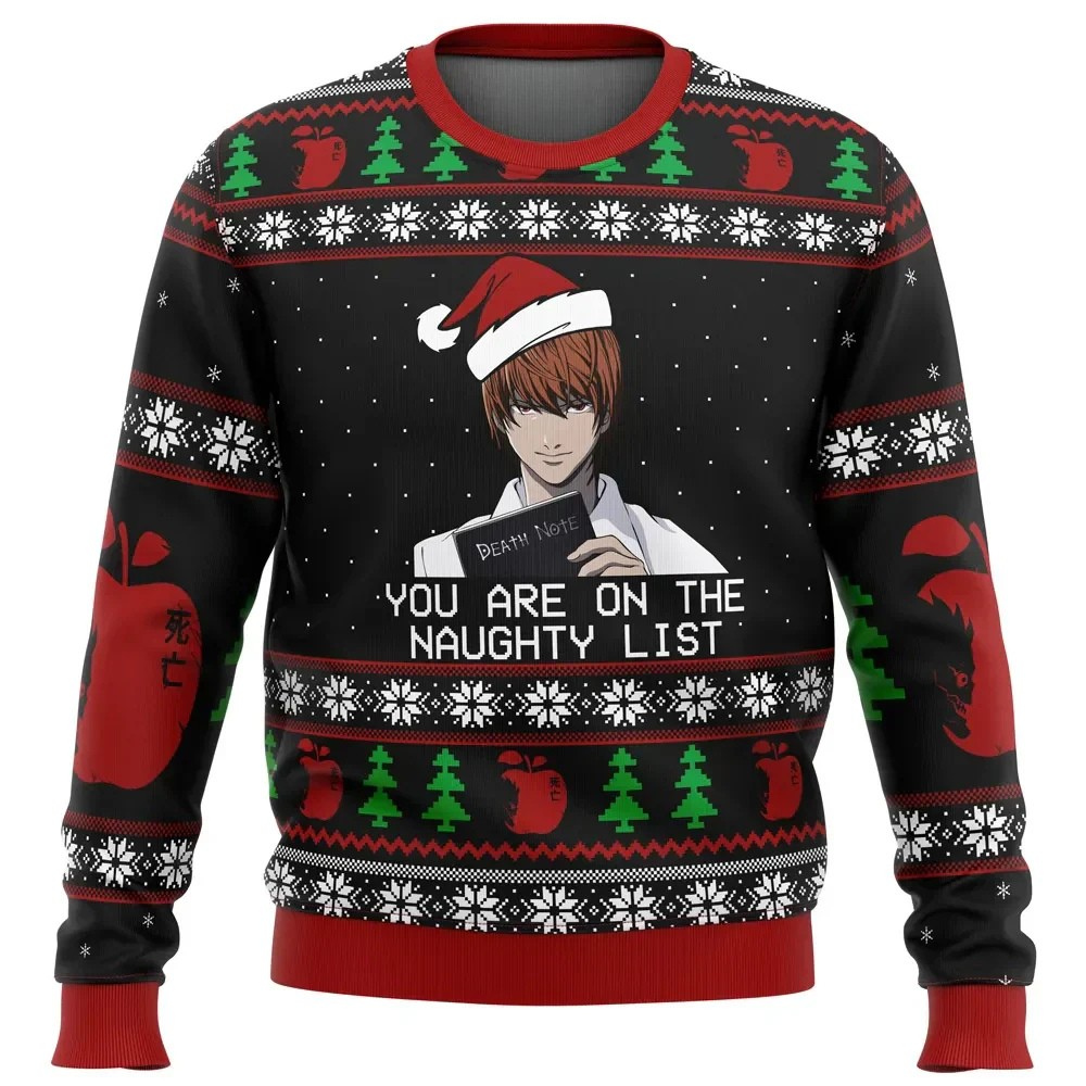 Ugly Christmas sweater with a character holding a sign and festive patterns on a white background