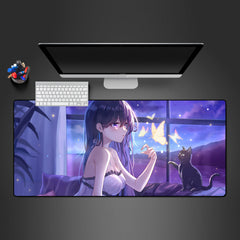 Anime Girl, Butterflies, Cat Size Gaming Mouse Pad