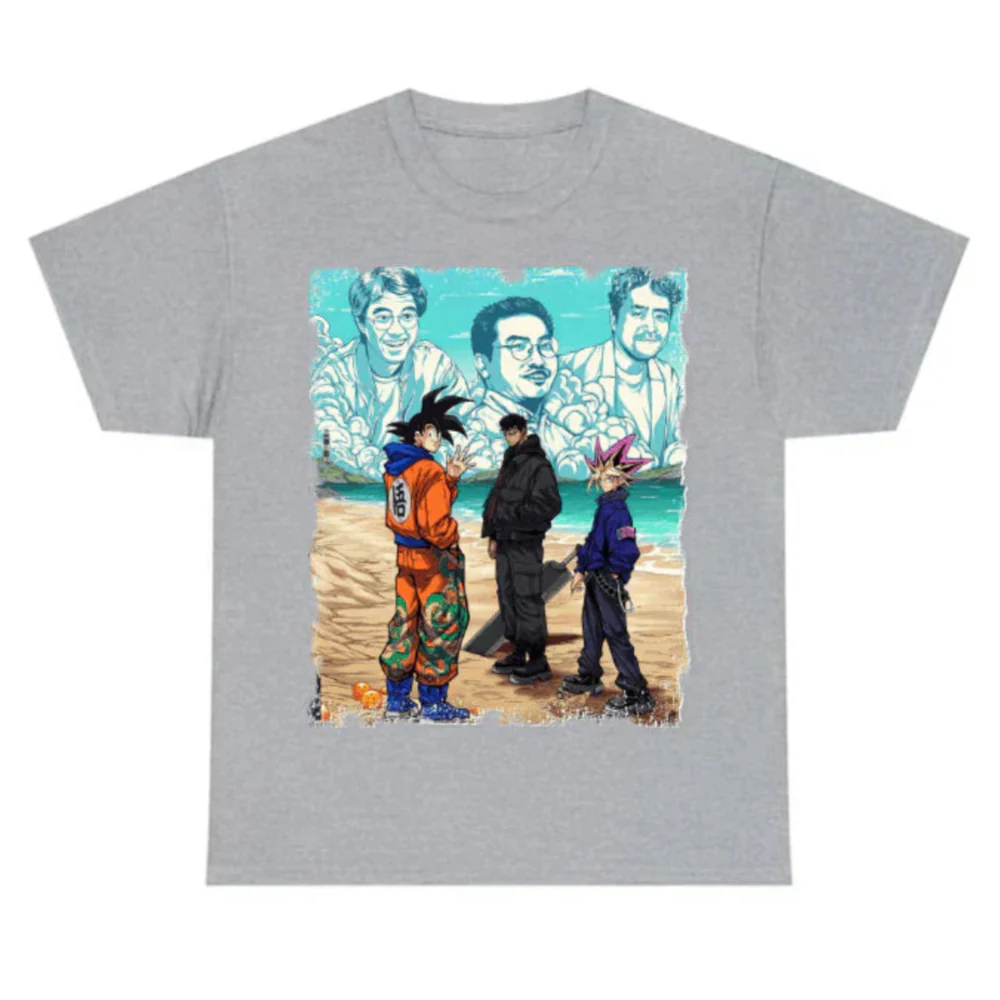 a t - shirt with a painting of three people on the beach
