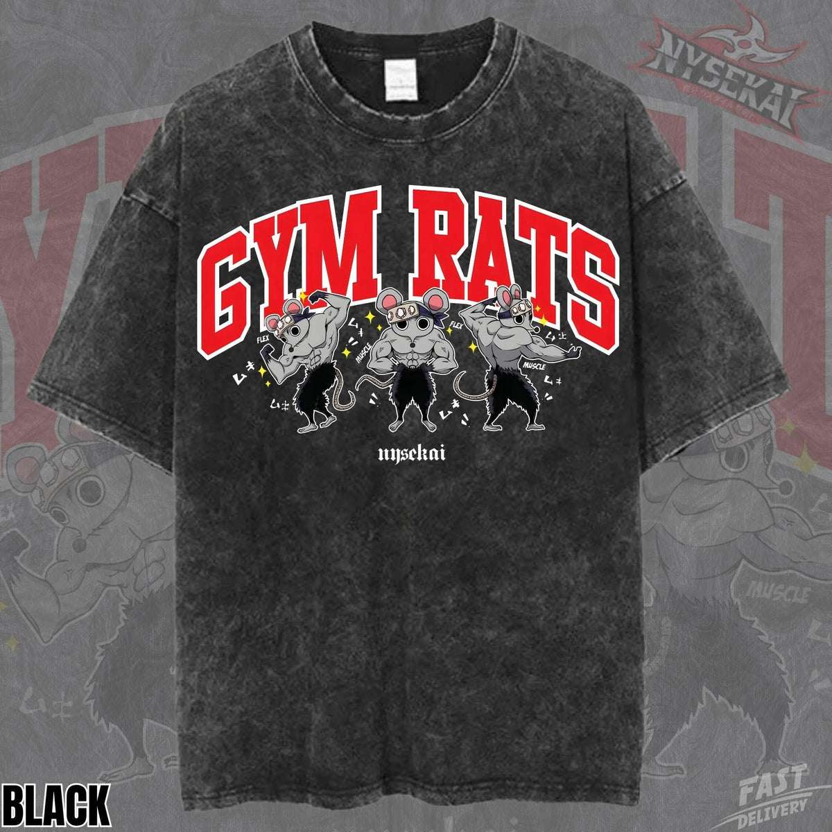 Kitsukai Muscle Mice Gym Rats Pump Cover Oversized Vintage Wash Heavyweight Graphic Tee
