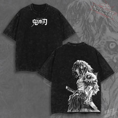 Kitsukai Inosuke Hashibira Beast Breathing Graphic Tee – Vintage Washed Cotton Anime Shirt