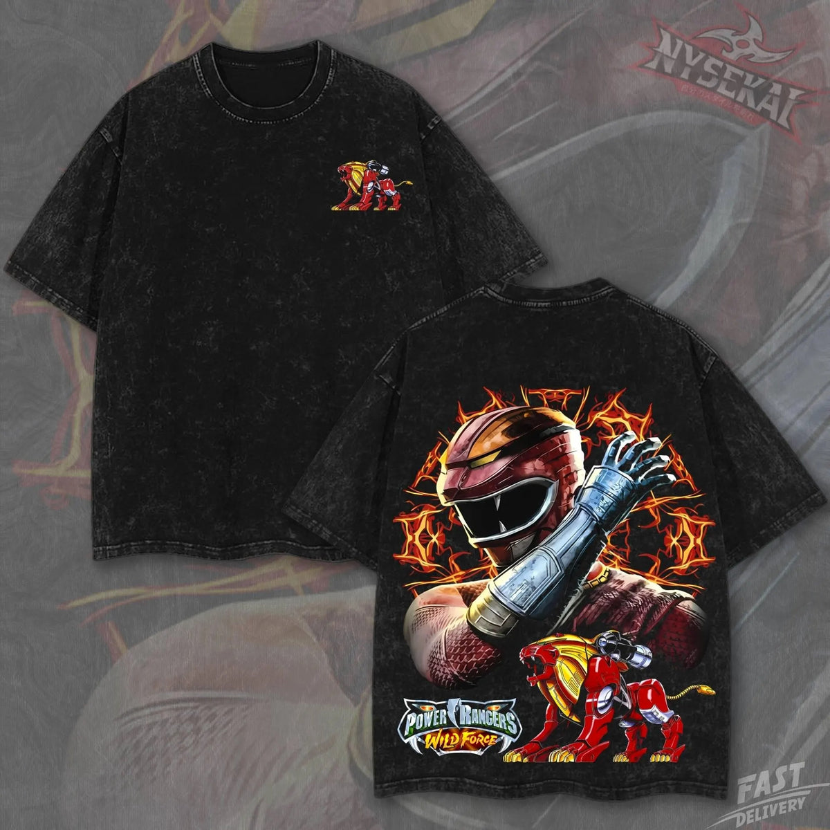 Kitsukai Red Ranger Blazing Lion Zord Guardian Spirit Vintage Wash Heavyweight Graphic Tee Pump Cover