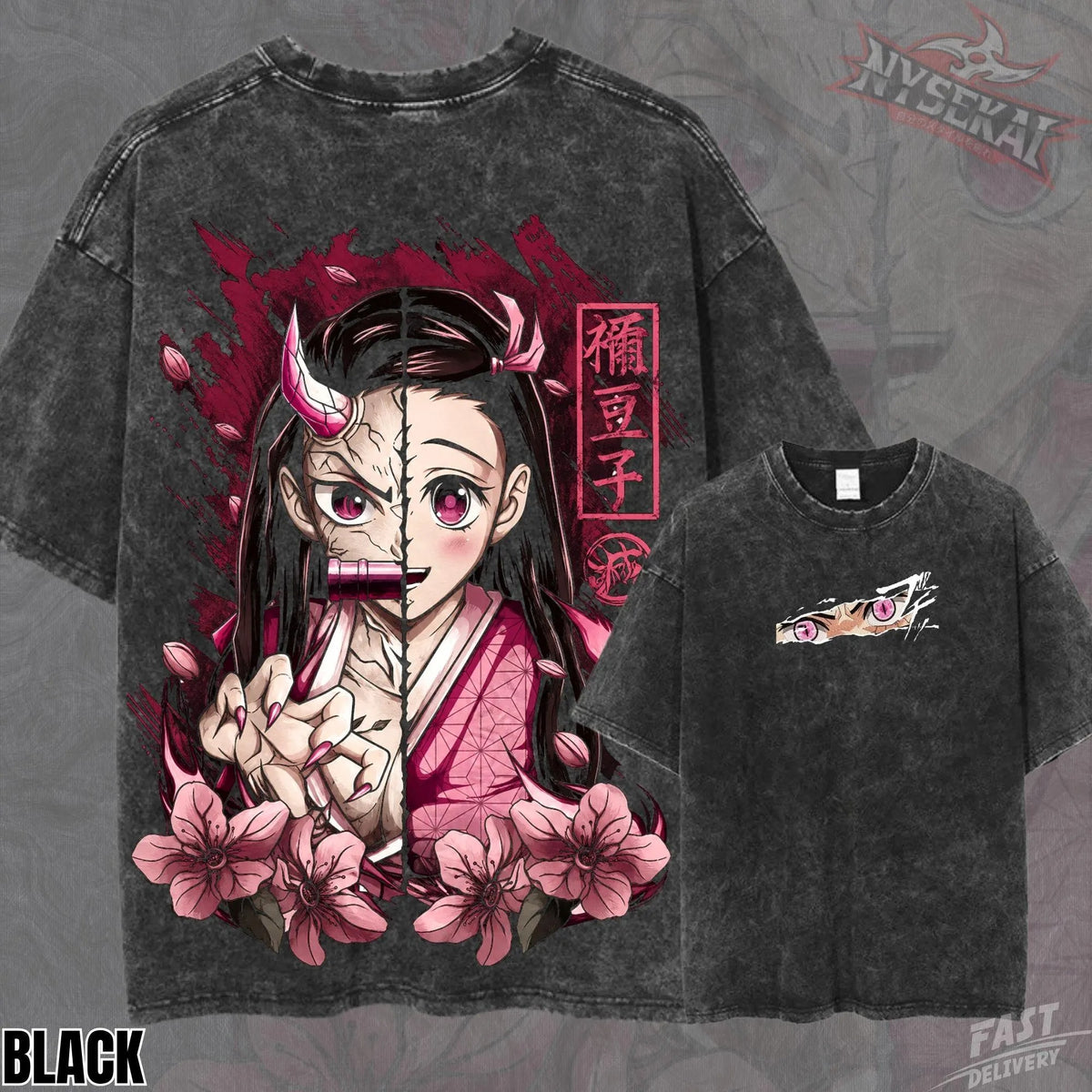 Kitsukai Anime Nezuko Split Face Graphic T-Shirt, Organic Cotton Tee, Manga Fan Apparel