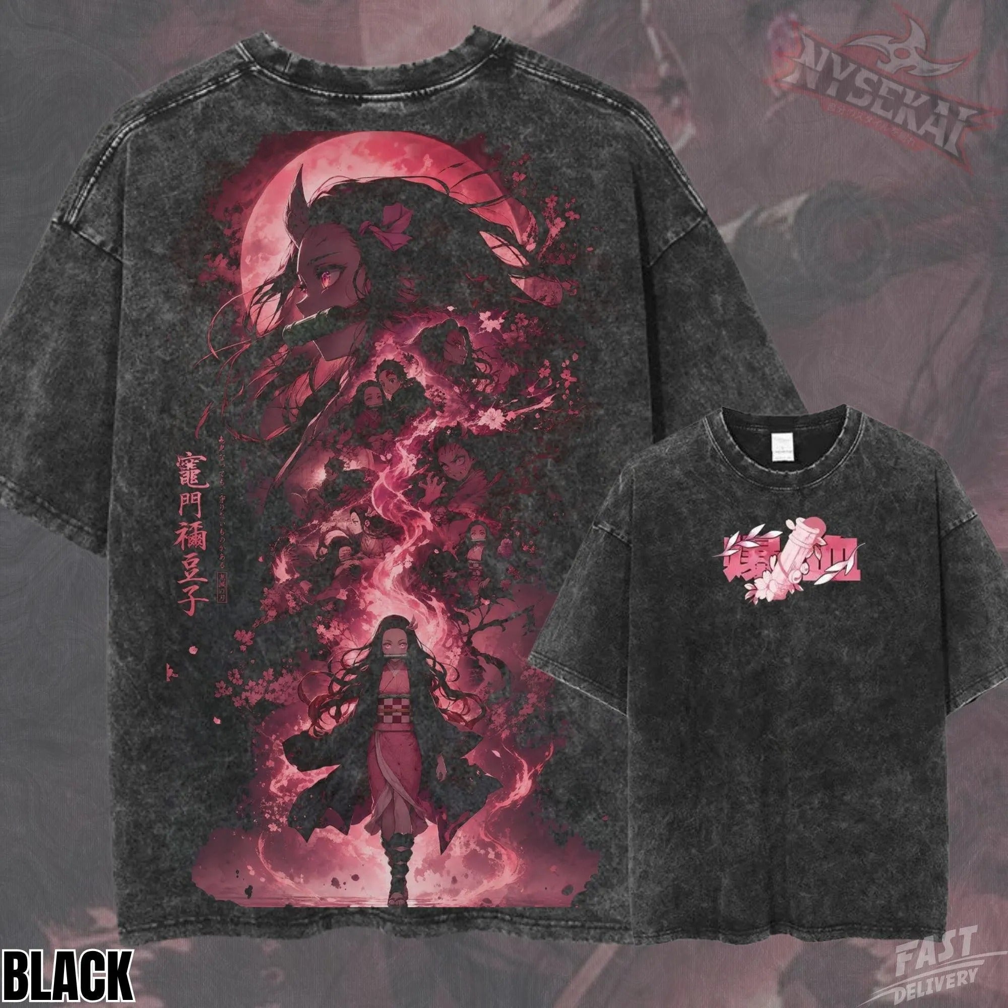 Kitsukai Vintage Washed Anime T-Shirt_ Nezuko Kamado Graphic Print Tee