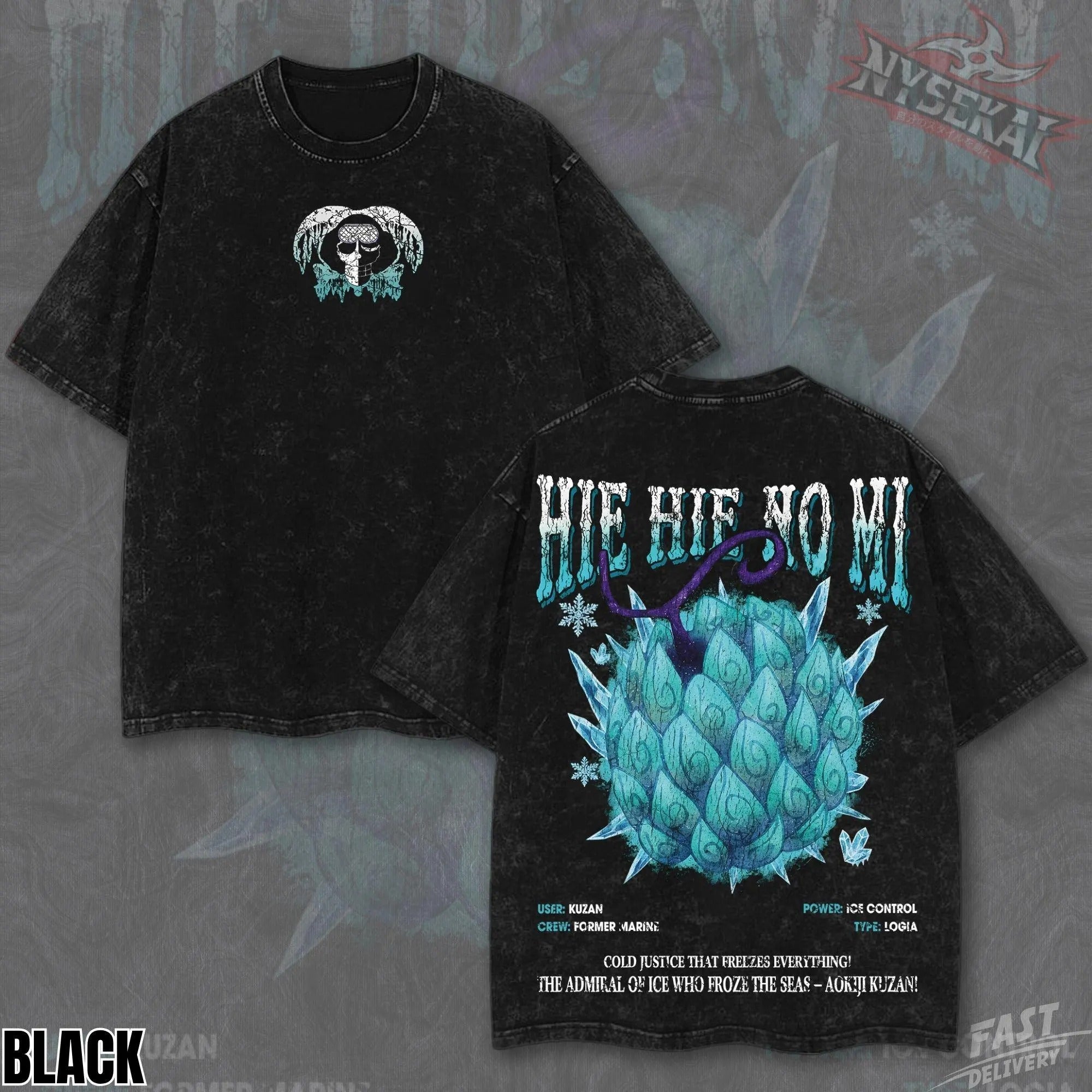 Kitsukai Ice Admiral Anime T-Shirt, Hie Hie No Mi Graphic Tee, Washed Black Manga Shirt