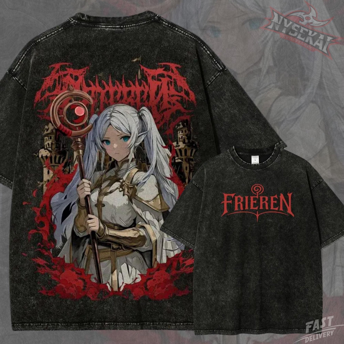 Kitsukai Elven Mage Anime Shirt, Crimson Fantasy Graphic Tee, Washed Black Manga T-Shirt, Dark Magic Streetwear Fan Gift