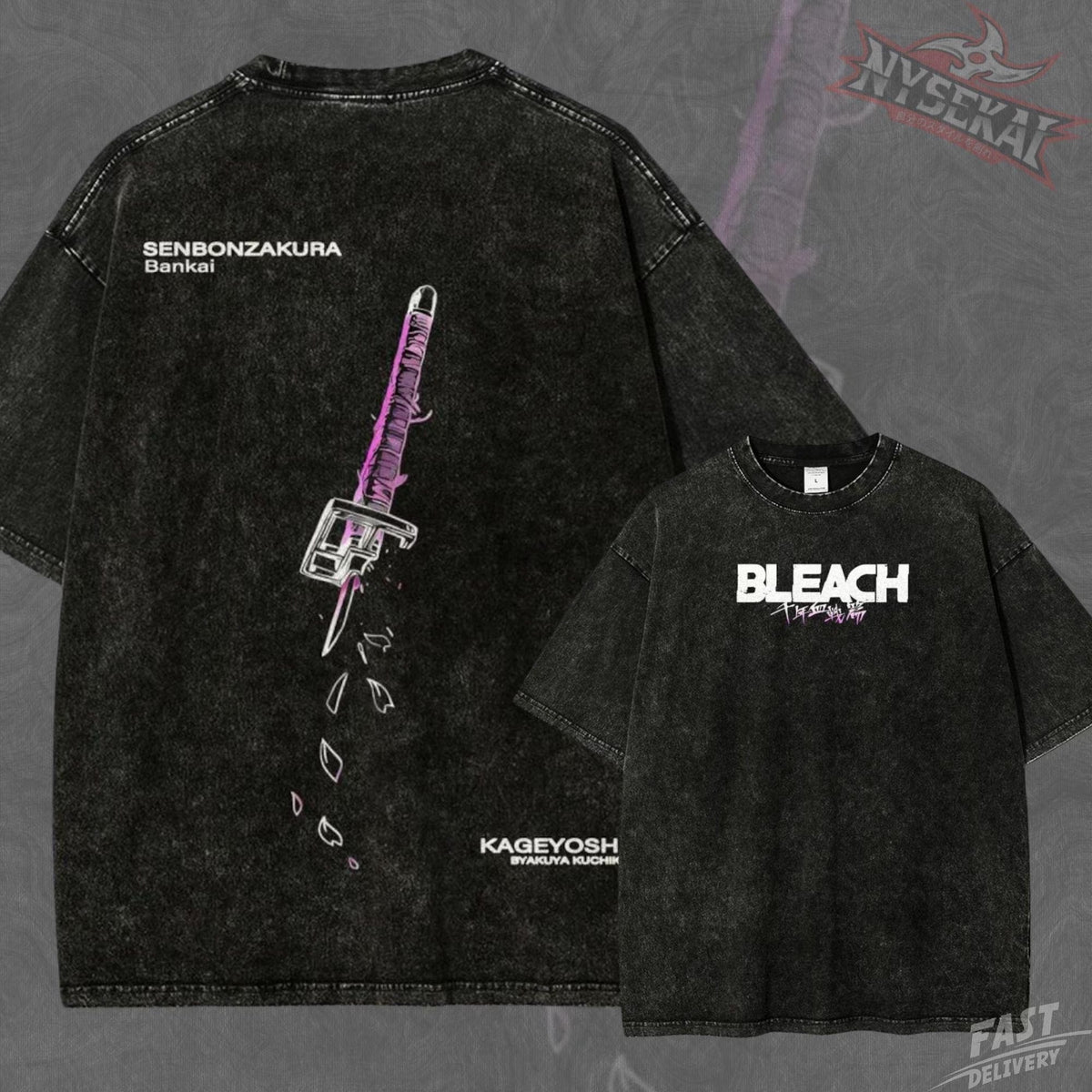 Kitsukai Senbonzakura Bankai Anime Shirt, Cherry Blossom Blade Graphic Tee, Washed Black Manga T-Shirt, Soul Reaper Streetwear Fan Gift
