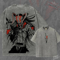 Kitsukai Vasto Lorde Hollow Shirt, Red Mask Soul Reaper Graphic Tee, Washed Gray Manga T-Shirt, Dark Shonen Anime Fan Gift