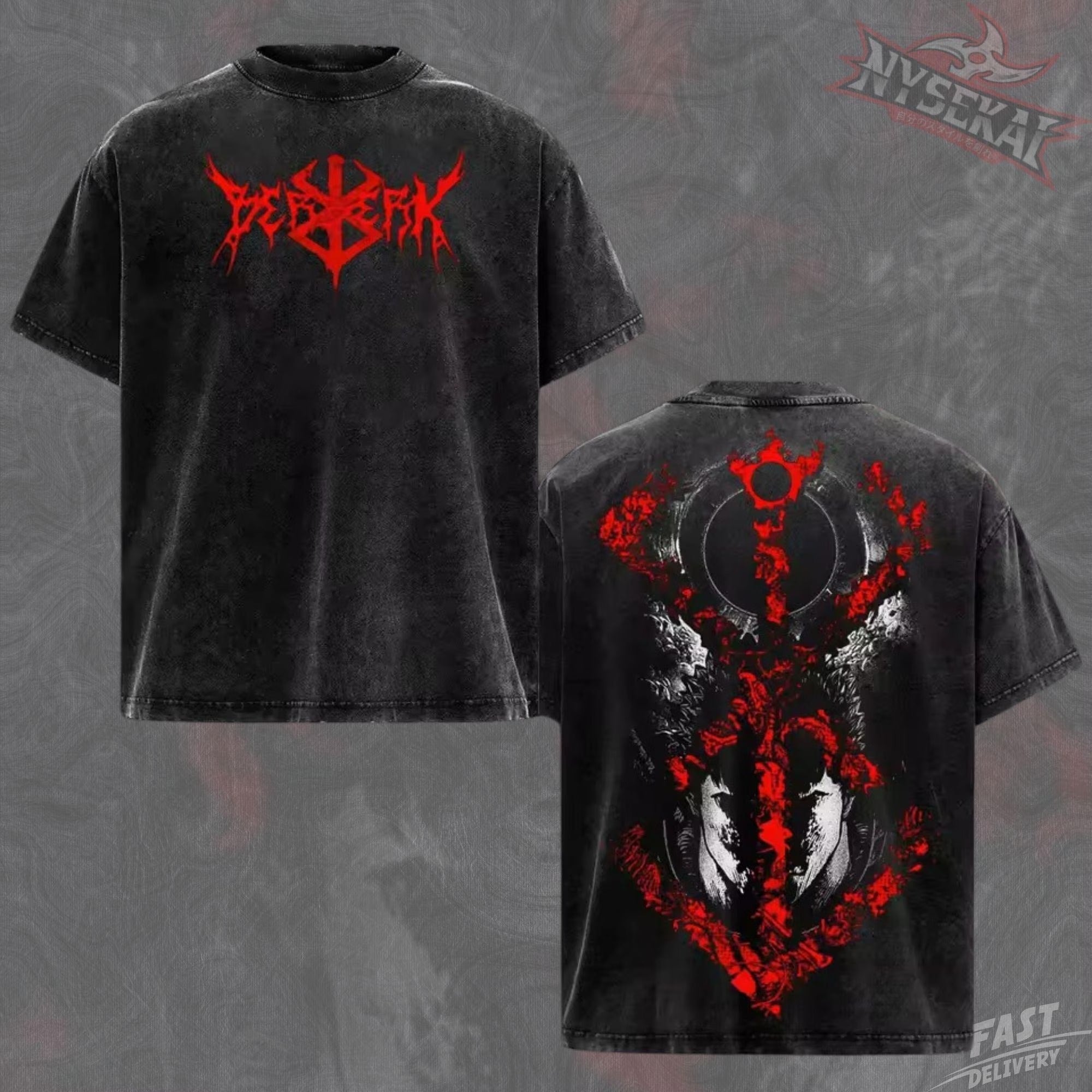 Kitsukai Crimson Eclipse Anime Shirt, Washed Black Manga Graphic Tee, Dark Sacrifice Streetwear