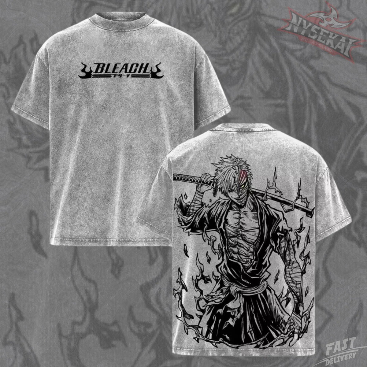 Kitsukai Ichigo Soul Reaper Anime T-Shirt, Hollow Mask Washed Gray Manga Streetwear Tee