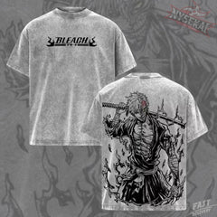Kitsukai Ichigo Soul Reaper Anime T-Shirt, Hollow Mask Washed Gray Manga Streetwear Tee