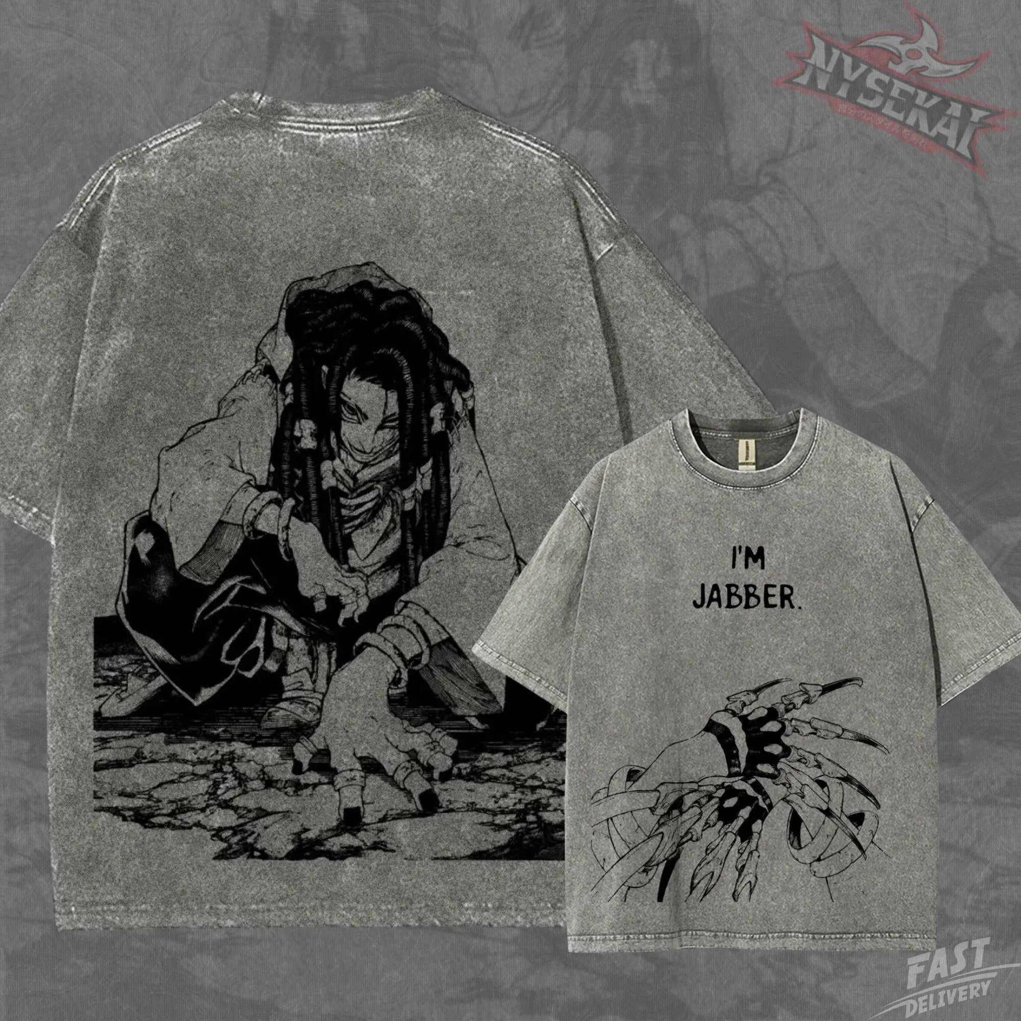 Kitsukai Jabber Dark Manga Shirt, I’m Jabber Graphic Tee, Washed Gray Grunge T-Shirt, Trash Punk Shonen Streetwear Fan Gift