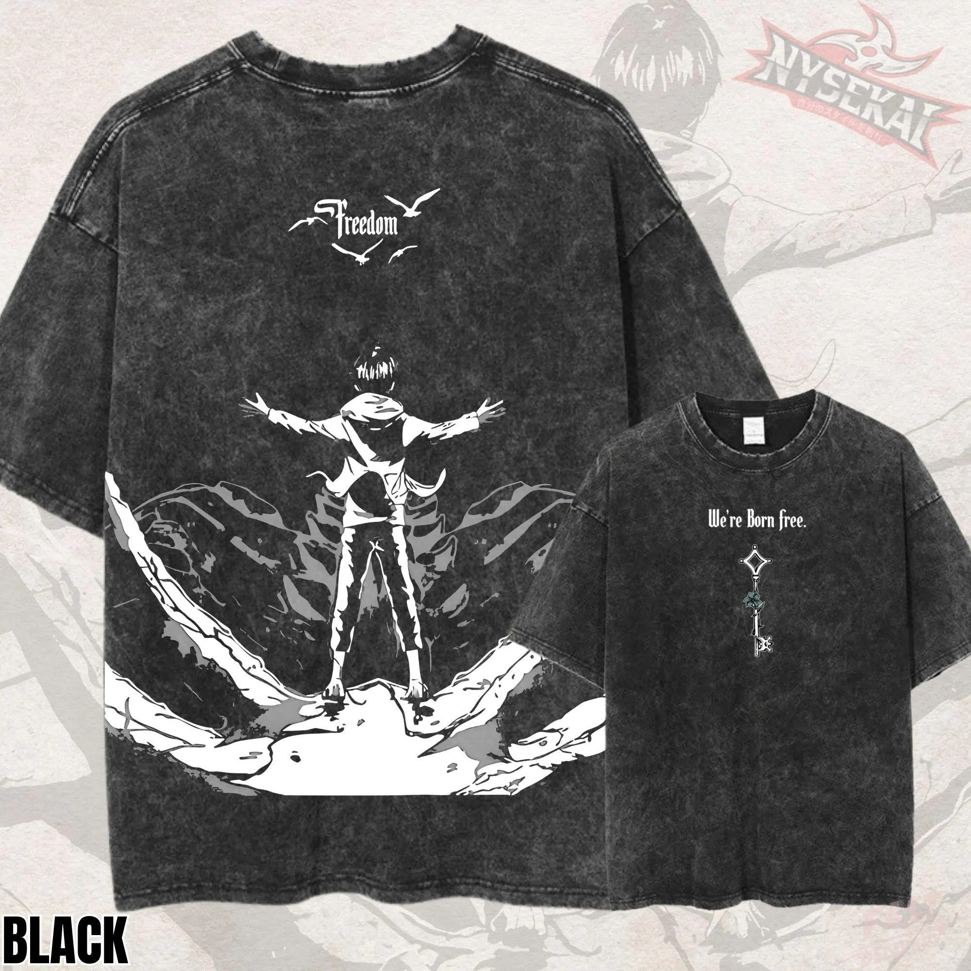 Kitsukai Freedom Scout Anime Shirt, We’re Born Free Graphic Tee, Washed Gray Manga T-Shirt, Titan Streetwear Fan Gift