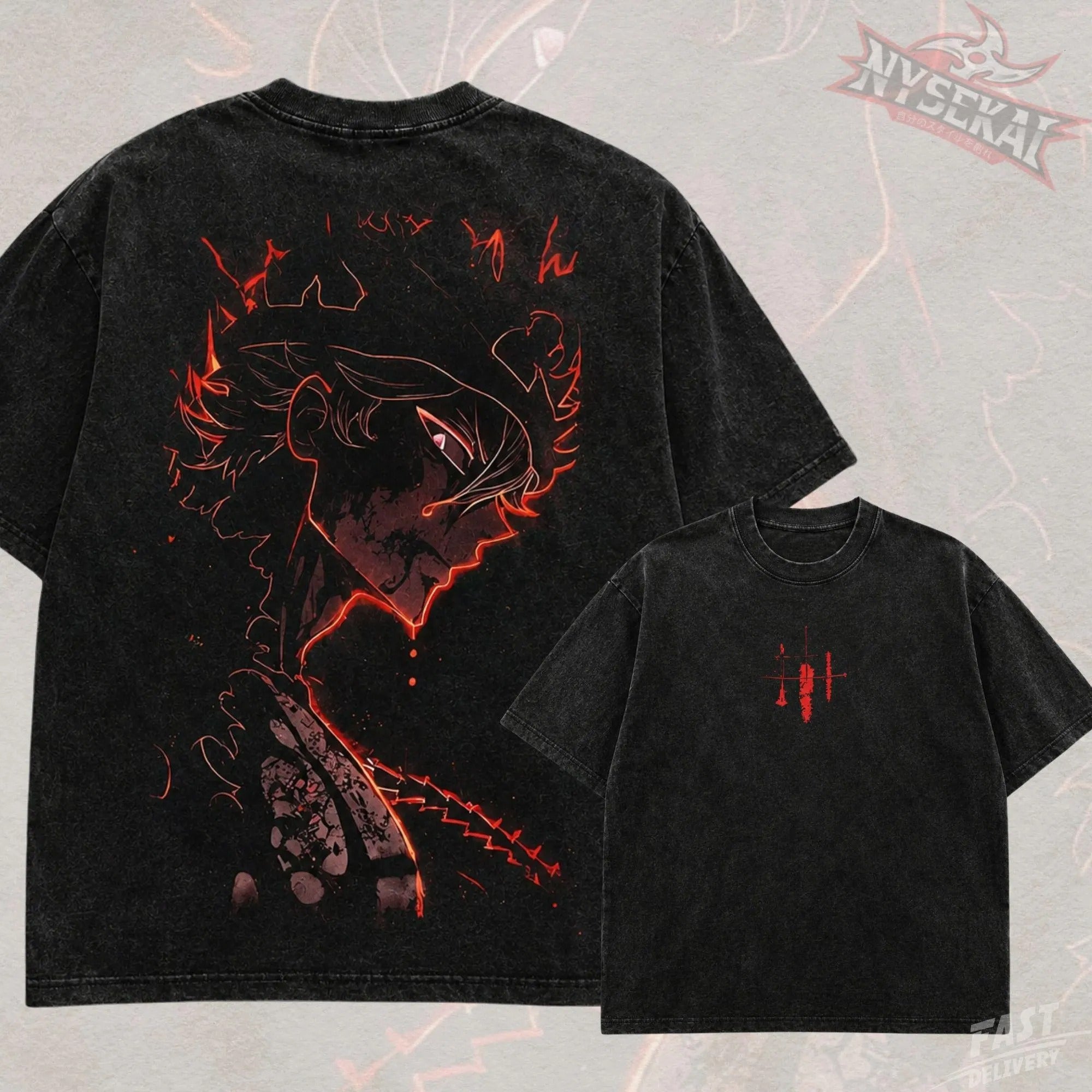Kitsukai Red Flame Magic Knight Shirt, Dark Grimoire Anime Graphic Tee, Washed Black Shonen T-Shirt, Grunge Streetwear Fan Gift