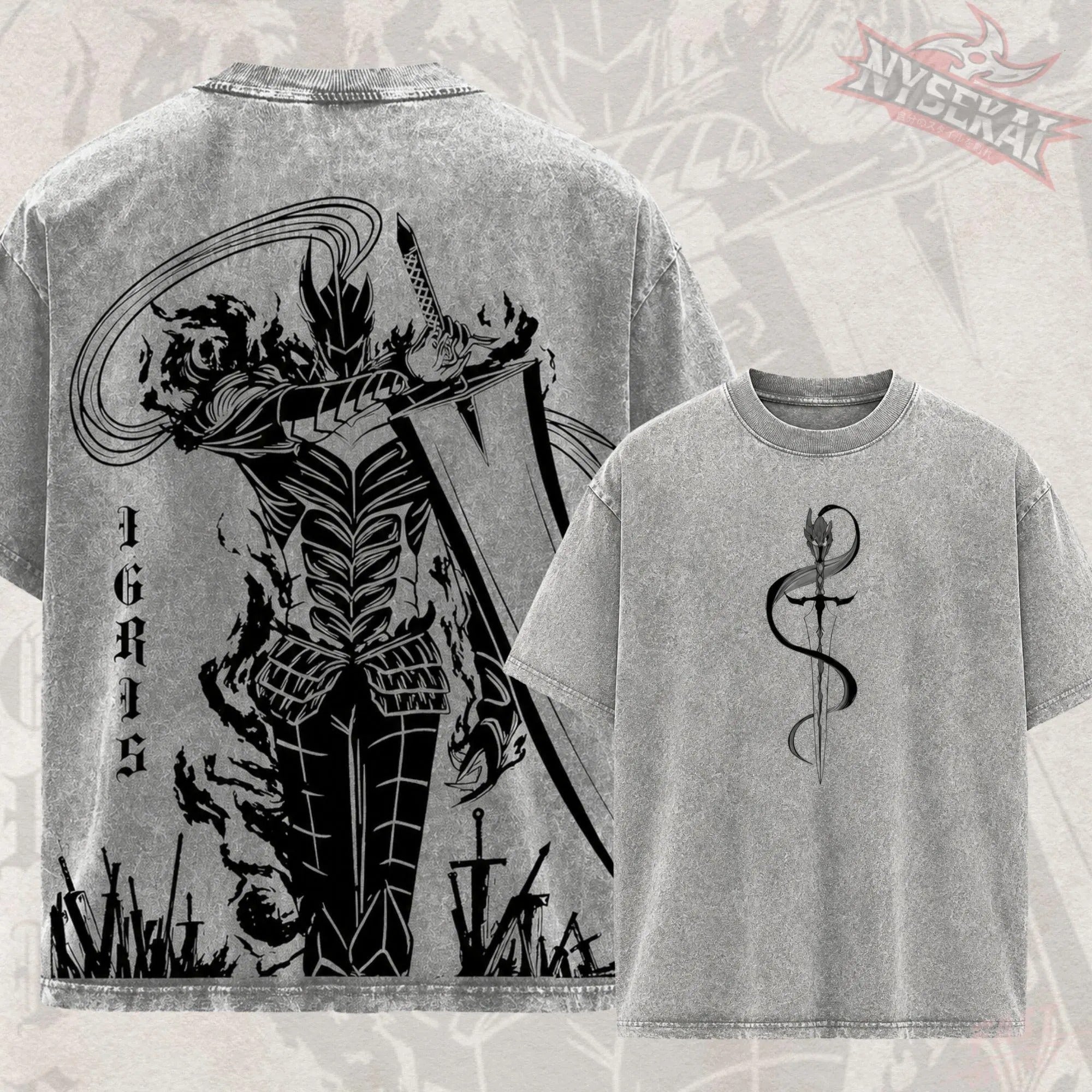 Kitsukai Igris Shadow Knight Washed Tee - Dark Fantasy Graphic Shirt, Gothic Warrior Oversized T-Shirt, Anime Fan Gift