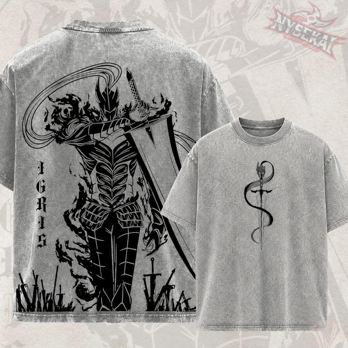 Kitsukai Igris Shadow Knight Washed Tee - Dark Fantasy Graphic Shirt, Gothic Warrior Oversized T-Shirt, Anime Fan Gift