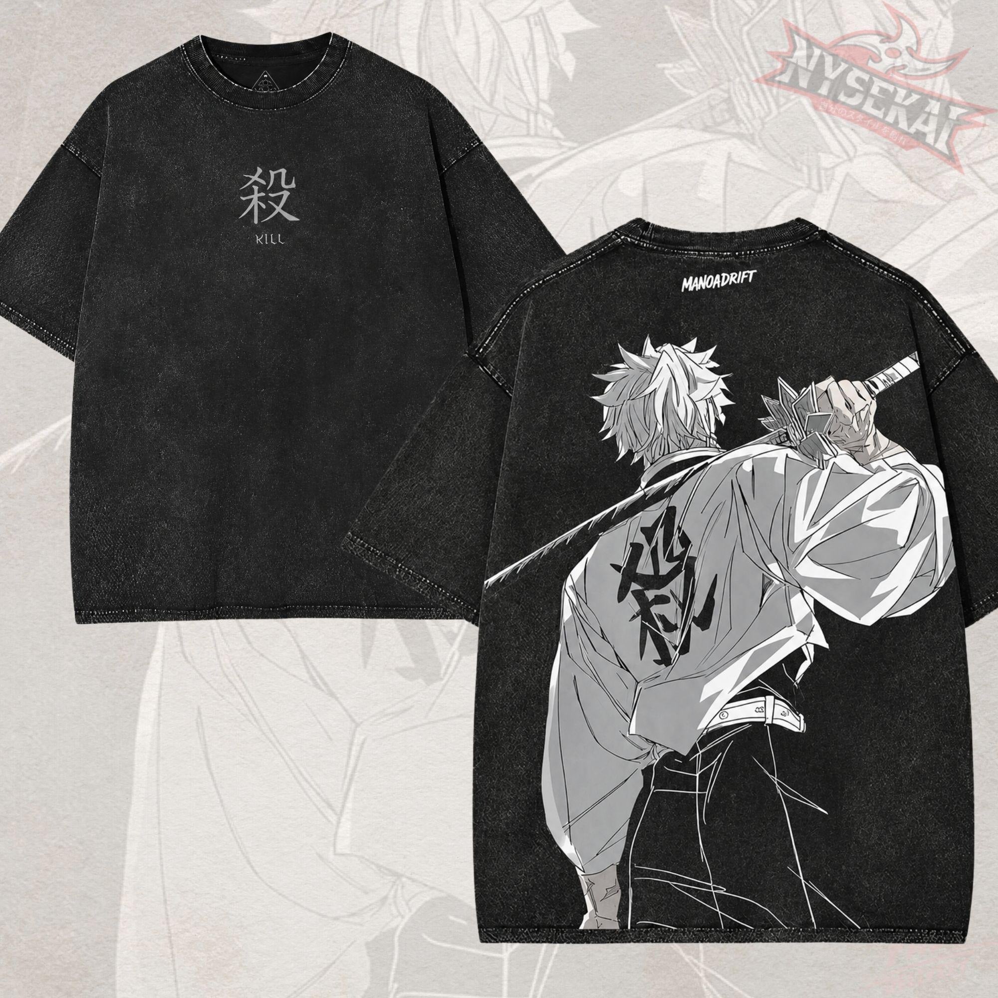 Kitsukai Sanemi Wind Hashira Shirt, White Hair Swordsman Graphic Tee, Washed Black Japanese Streetwear, Warrior Fan Gift