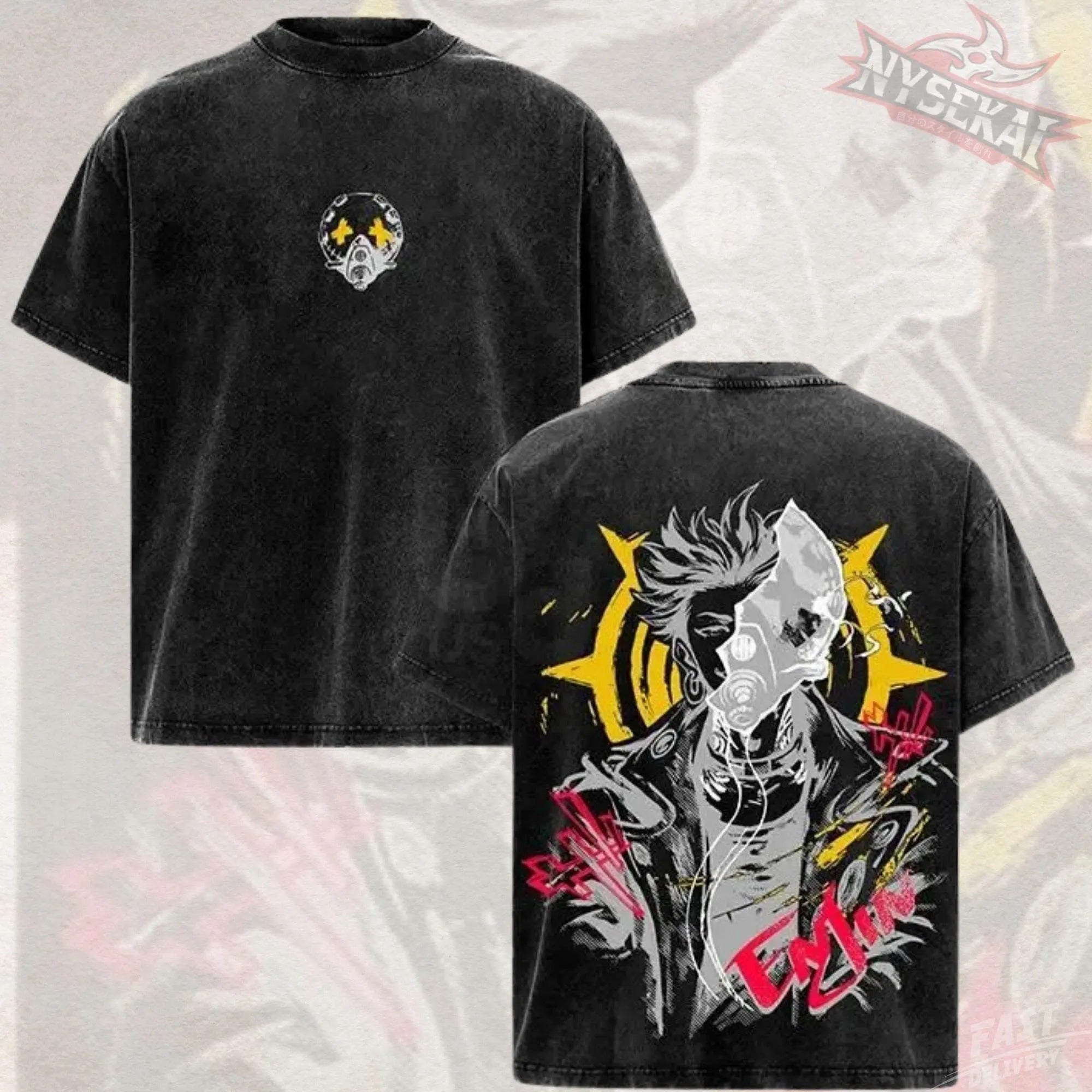 Kitsukai Enjin Gachiakuta Shirt, Gas Mask Cleaner Graphic Tee, Washed Black Manga T-Shirt, Urban Grunge Streetwear Fan Gift