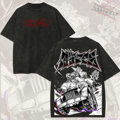 Kitsukai Gachiakuta Crew Shirt, Cleaner Squad Jeep Graphic Tee, Washed Black Manga T-Shirt, Urban Grunge Streetwear Anime Fan Gift