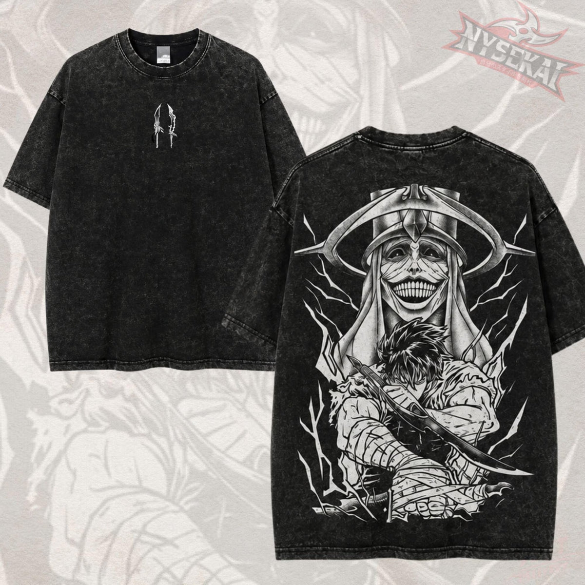 Kitsukai Sung Jinwoo Shadow Hunter Shirt, Statue of God Graphic Tee, Washed Black Dark Fantasy T-Shirt, Gothic Streetwear Fan Gift